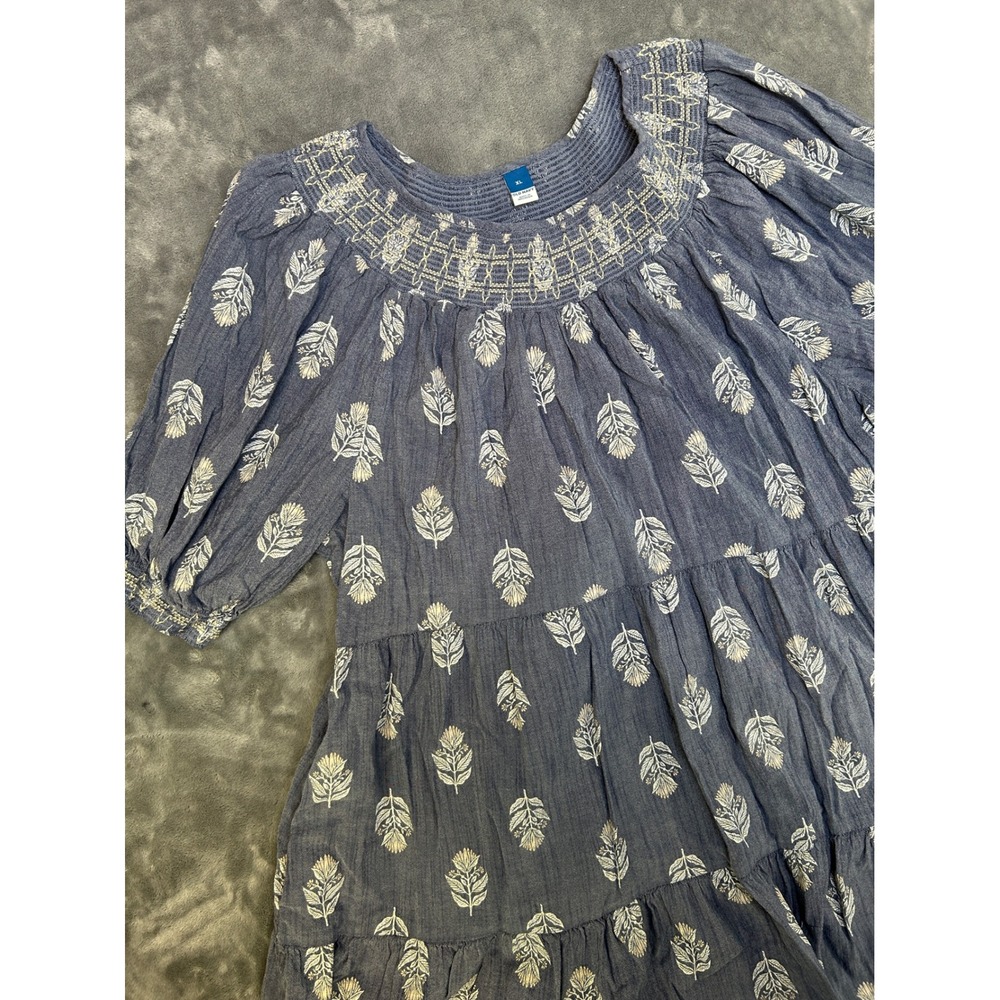 Old Navy Blue Leaf Print Smocked Tiered Mini Dress XL Embroidered Puff Sleeve